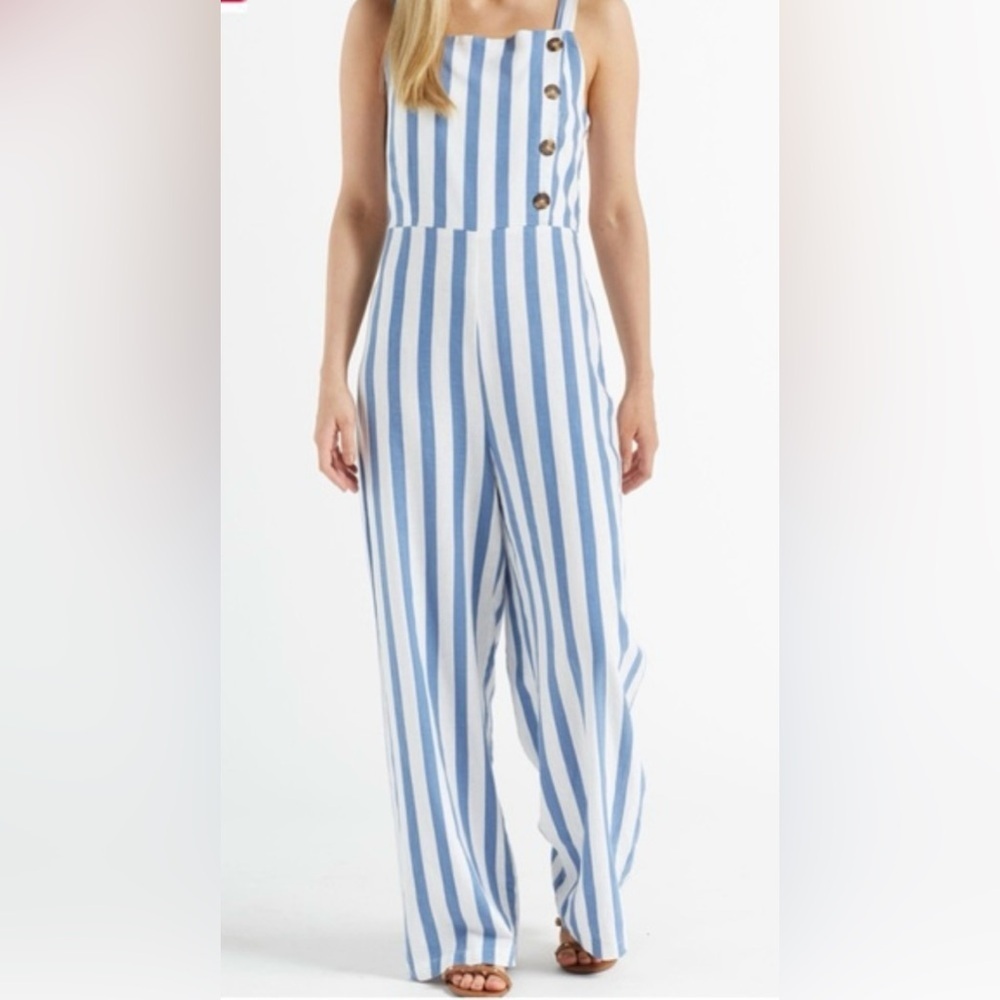 NWT C&C California Linen Blend Striped Jumpsuit Green & White Large‎ 89r01027t - Picture 4 of 16